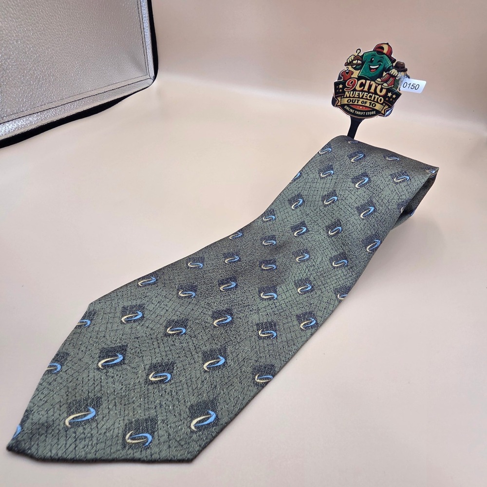 Robert Talbott Studio Silk Tie Mens Olive Green Blue Geometric Hand Sewn USA 59i